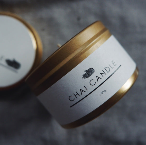 Chai Walli Chai Candle in its golden jar with the label on